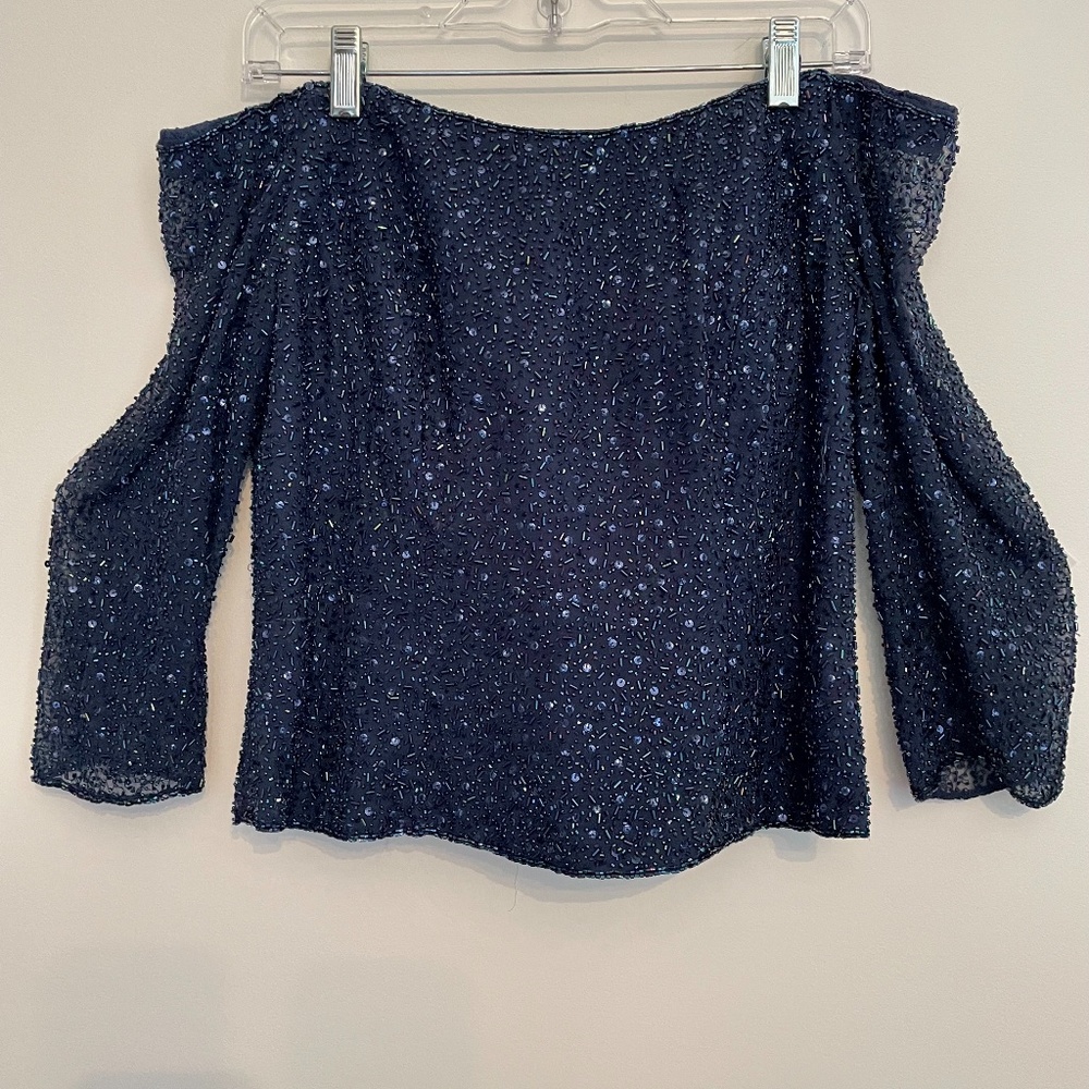Navy Blue Jovani Beaded 3/4 Sleeve Top and Matching Four Tier Chiffon Skirt